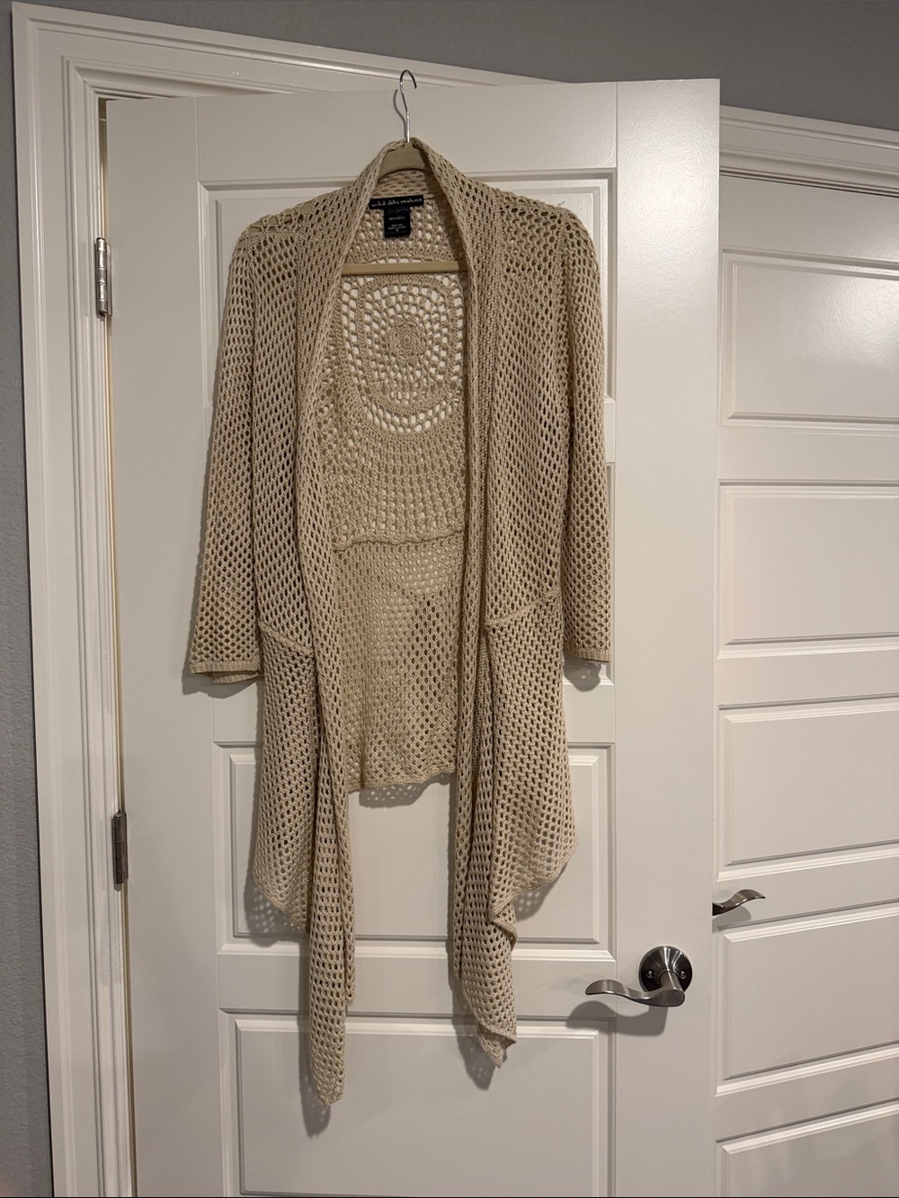 united states sweaters Open-Knit Cream Draped Cardigan